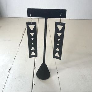 LEATHER Earrings Handmade Rectangle Black Triangle Cutouts